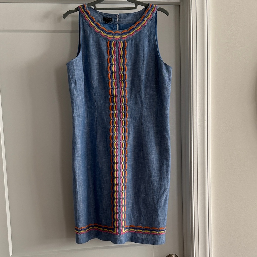 Talbots Blue linen/cotton Dress with Colorful embroidered Trim